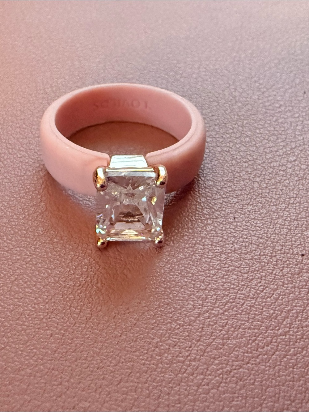 Elegant Gold-Prong Clear Stone Cocktail Ring with pink silicone band-Size 9